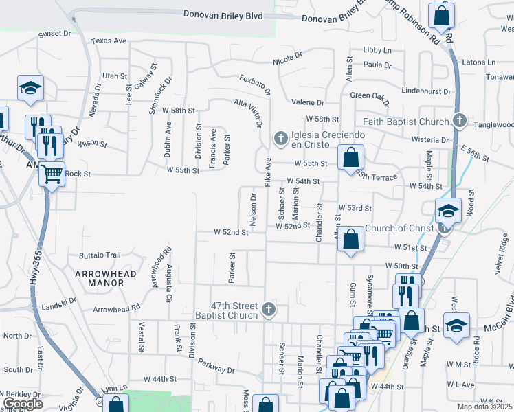 map of restaurants, bars, coffee shops, grocery stores, and more near 5212 Nelson Drive in North Little Rock