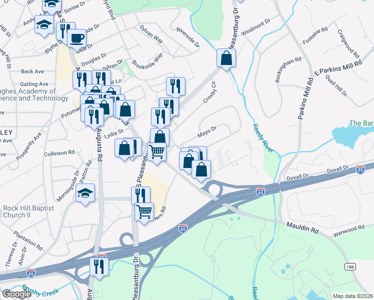 map of restaurants, bars, coffee shops, grocery stores, and more near 1 Mayo Drive in Greenville