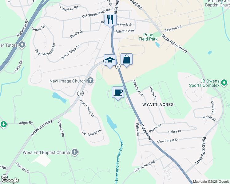 map of restaurants, bars, coffee shops, grocery stores, and more near 106 Pebble Brook Drive in Easley