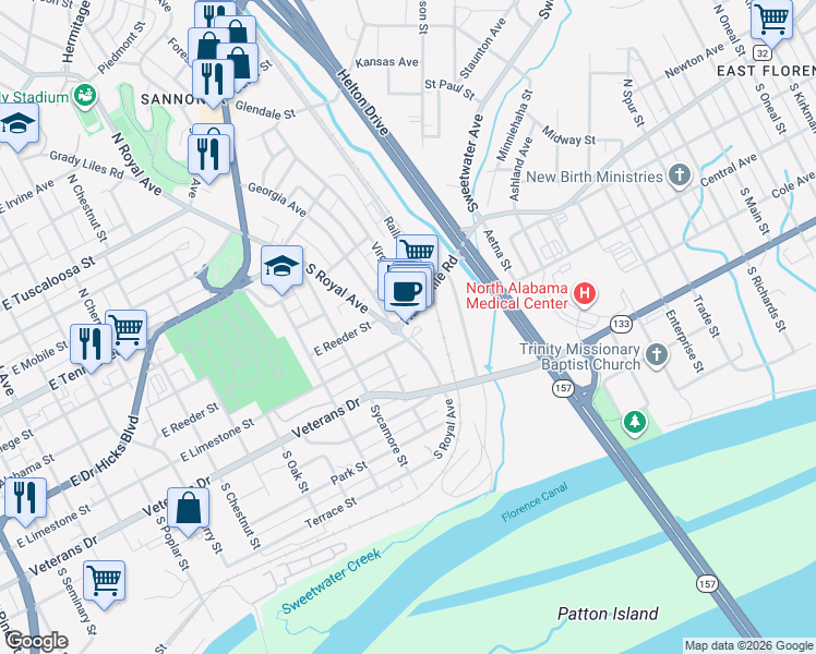 map of restaurants, bars, coffee shops, grocery stores, and more near 120 Georgia Avenue in Florence