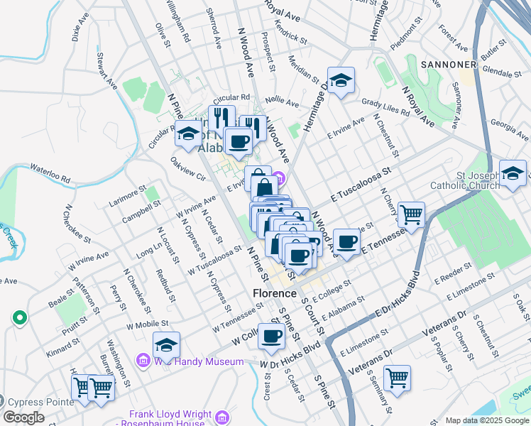 map of restaurants, bars, coffee shops, grocery stores, and more near 426-442 North Court Street in Florence