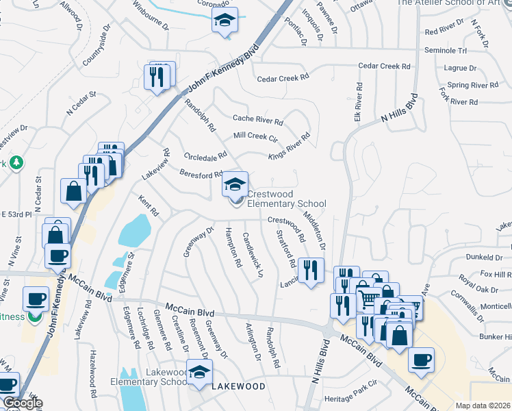 map of restaurants, bars, coffee shops, grocery stores, and more near 4 Sugar Creek Road in North Little Rock