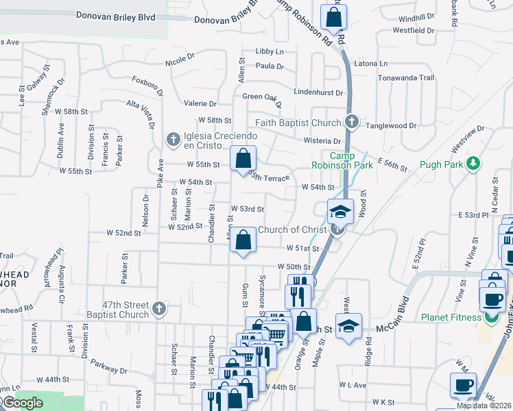 map of restaurants, bars, coffee shops, grocery stores, and more near 308 Pickwick Avenue in North Little Rock