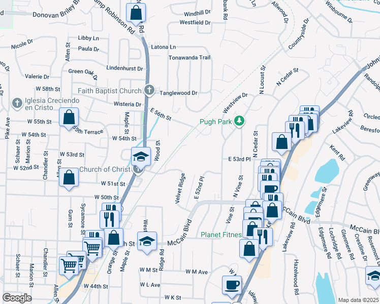 map of restaurants, bars, coffee shops, grocery stores, and more near 5000 Summertree Drive in North Little Rock