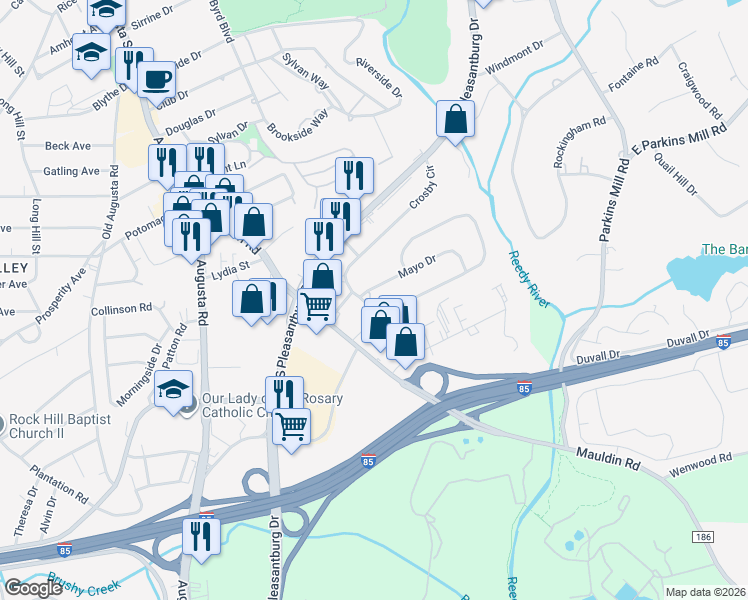 map of restaurants, bars, coffee shops, grocery stores, and more near 303 Crosby Circle in Greenville