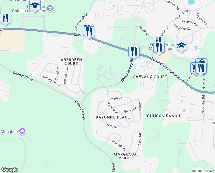 map of restaurants, bars, coffee shops, grocery stores, and more near 5100 Chenonceau Boulevard in Little Rock