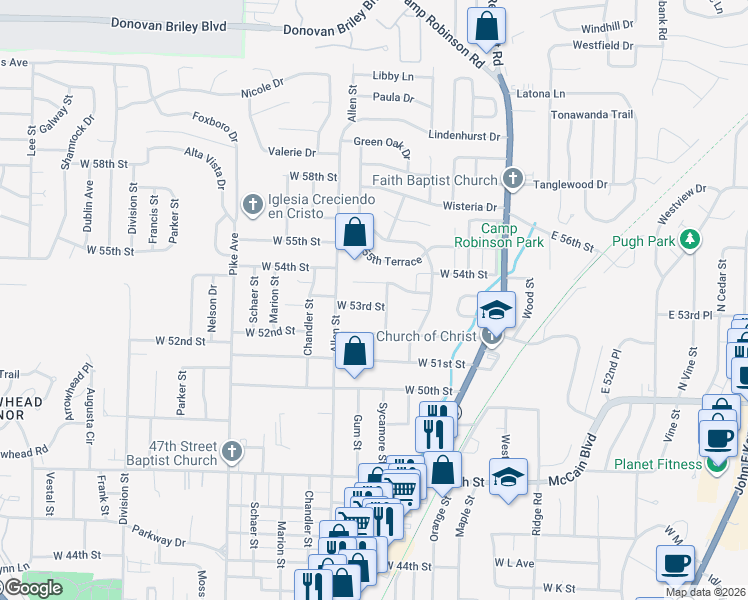 map of restaurants, bars, coffee shops, grocery stores, and more near 308 Pickwick Avenue in North Little Rock