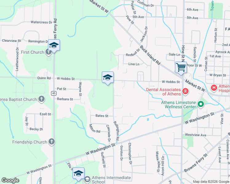 map of restaurants, bars, coffee shops, grocery stores, and more near 102 Bullington Road in Athens