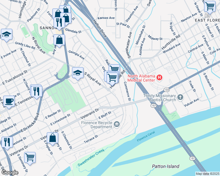 map of restaurants, bars, coffee shops, grocery stores, and more near 1403 Huntsville Road in Florence