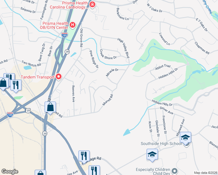 map of restaurants, bars, coffee shops, grocery stores, and more near 42 Miracle Drive in Greenville