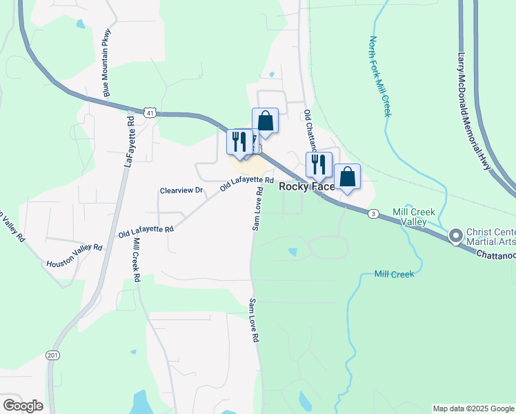 map of restaurants, bars, coffee shops, grocery stores, and more near 405 Sam Love Road in Rocky Face