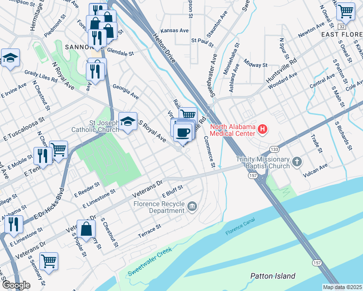 map of restaurants, bars, coffee shops, grocery stores, and more near 120 Georgia Avenue in Florence