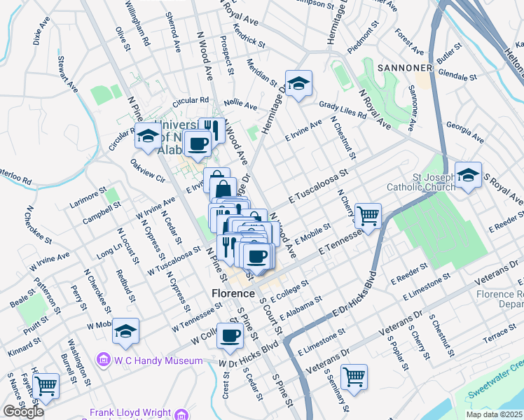 map of restaurants, bars, coffee shops, grocery stores, and more near 223 East Tuscaloosa Street in Florence