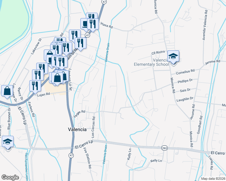 map of restaurants, bars, coffee shops, grocery stores, and more near 14 R J Aragon Road in Los Lunas
