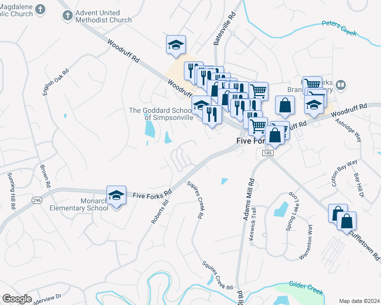 map of restaurants, bars, coffee shops, grocery stores, and more near 16 Creekbend Court in Simpsonville