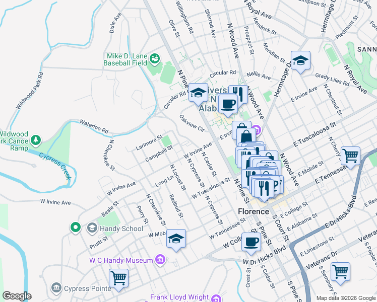 map of restaurants, bars, coffee shops, grocery stores, and more near 322 West Irvine Avenue in Florence