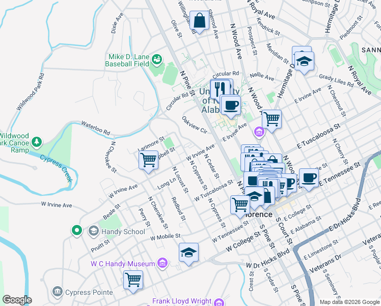 map of restaurants, bars, coffee shops, grocery stores, and more near 322 West Irvine Avenue in Florence