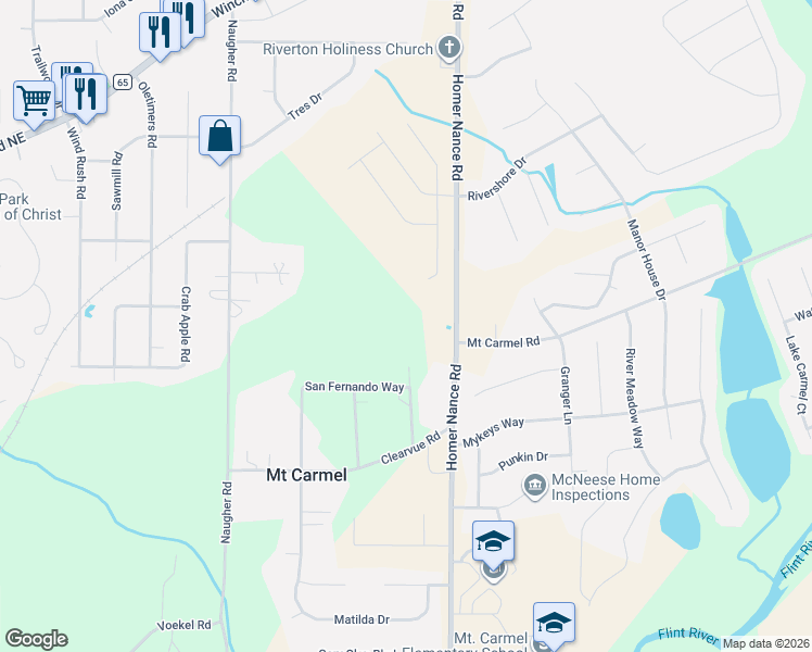 map of restaurants, bars, coffee shops, grocery stores, and more near 175 Francisco Road in Huntsville