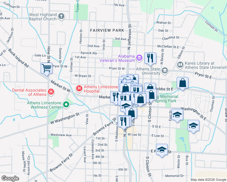 map of restaurants, bars, coffee shops, grocery stores, and more near 109 North Houston Street in Athens