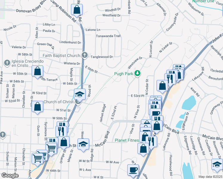 map of restaurants, bars, coffee shops, grocery stores, and more near 5509 Kari Hill Place in North Little Rock