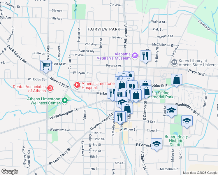 map of restaurants, bars, coffee shops, grocery stores, and more near 109 North Houston Street in Athens