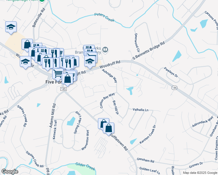 map of restaurants, bars, coffee shops, grocery stores, and more near 9 Hazeltine Court in Simpsonville