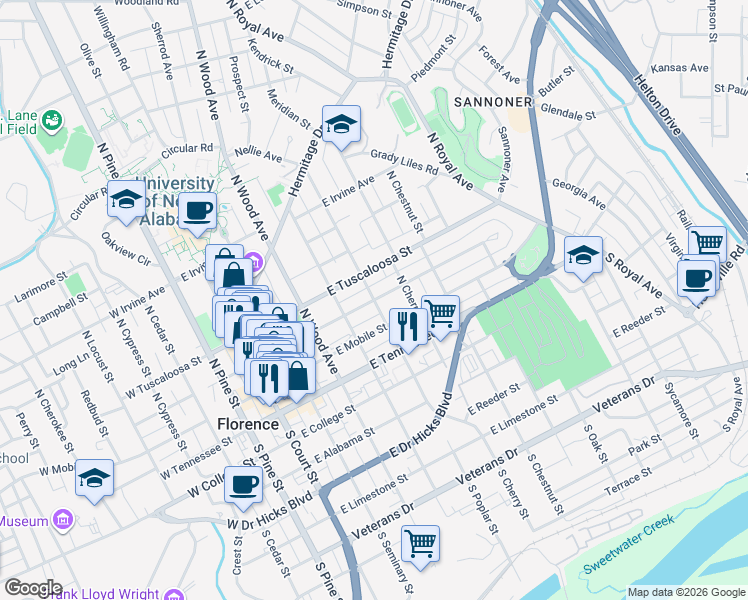 map of restaurants, bars, coffee shops, grocery stores, and more near East Tombigbee Street in Florence