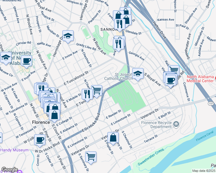 map of restaurants, bars, coffee shops, grocery stores, and more near 728 East Mobile Street in Florence