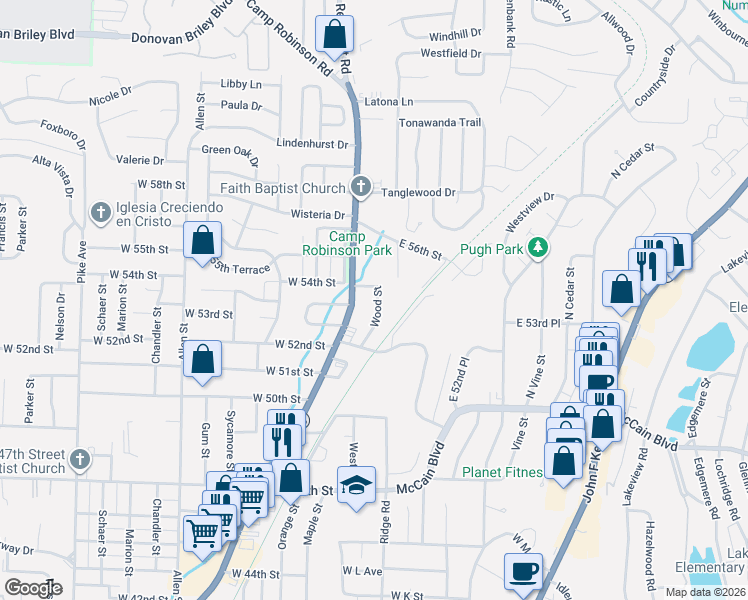 map of restaurants, bars, coffee shops, grocery stores, and more near 5315 Wood Street in North Little Rock