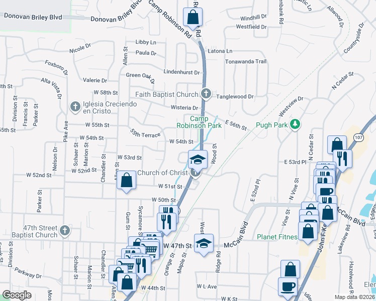 map of restaurants, bars, coffee shops, grocery stores, and more near 104 West 54th Street in North Little Rock
