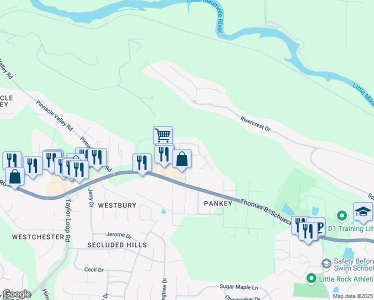 map of restaurants, bars, coffee shops, grocery stores, and more near 5500 Highland Drive in Little Rock