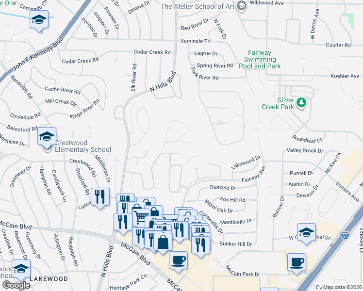 map of restaurants, bars, coffee shops, grocery stores, and more near 3109 Overbrook Circle in North Little Rock