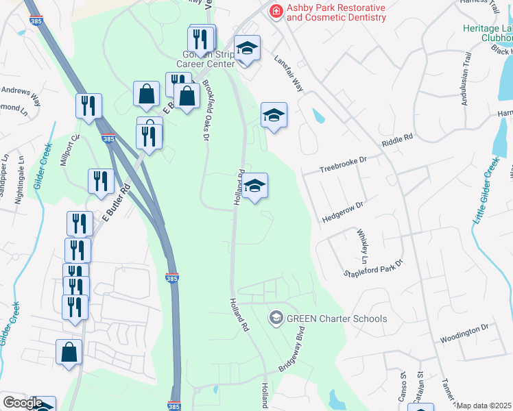 map of restaurants, bars, coffee shops, grocery stores, and more near 1190 Holland Road in Simpsonville