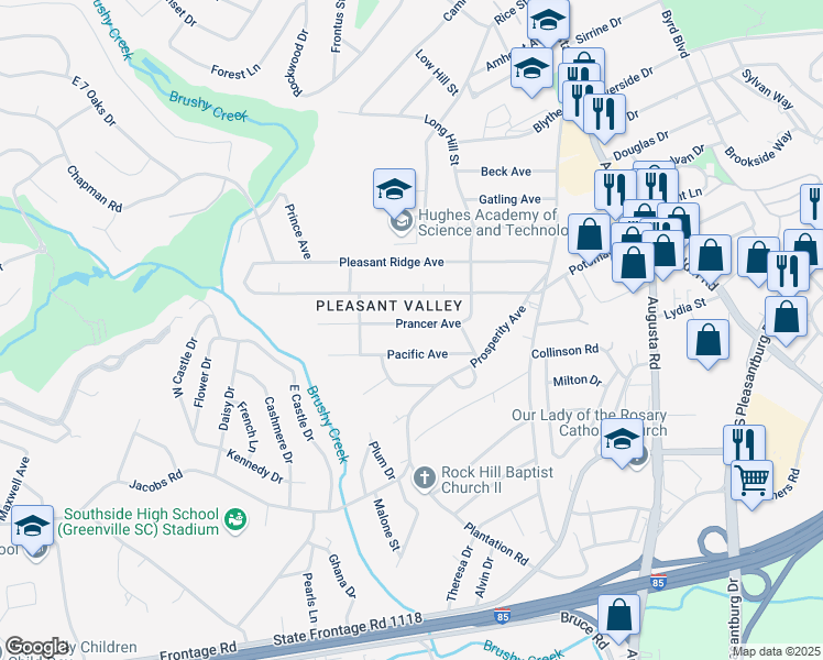 map of restaurants, bars, coffee shops, grocery stores, and more near 21 Prancer Avenue in Greenville