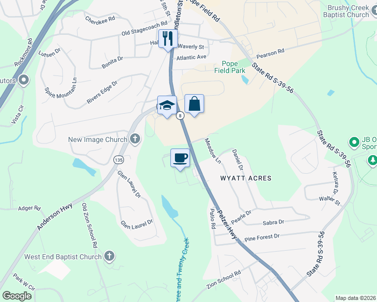 map of restaurants, bars, coffee shops, grocery stores, and more near 101 Pebble Brook Court in Easley