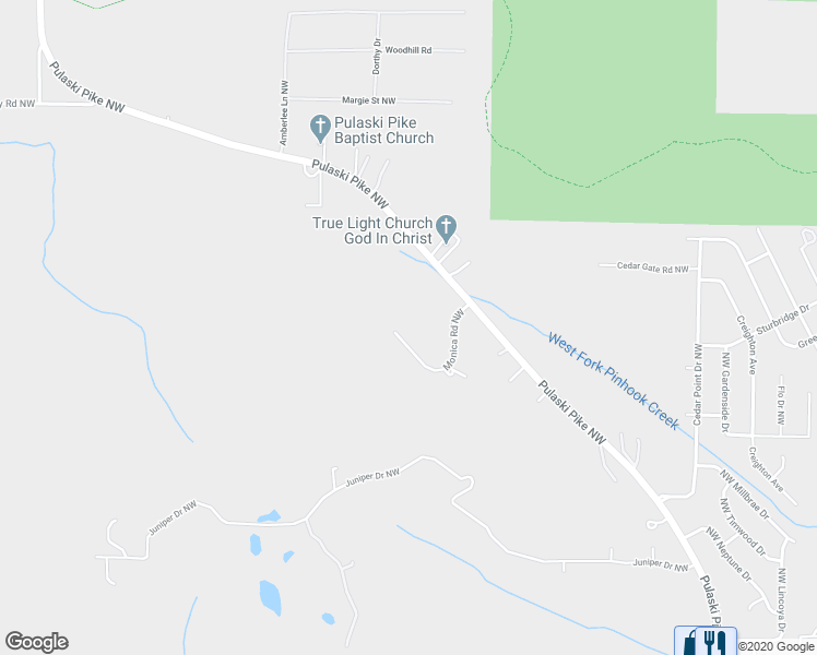 map of restaurants, bars, coffee shops, grocery stores, and more near 5014 Monica Road Northwest in Huntsville