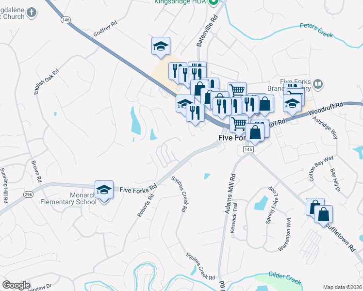 map of restaurants, bars, coffee shops, grocery stores, and more near 324 Woodruff Park Lane in Simpsonville