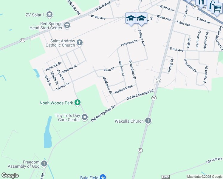 map of restaurants, bars, coffee shops, grocery stores, and more near 201 McManus St in Red Springs