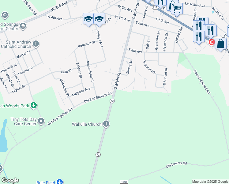 map of restaurants, bars, coffee shops, grocery stores, and more near in Red Springs