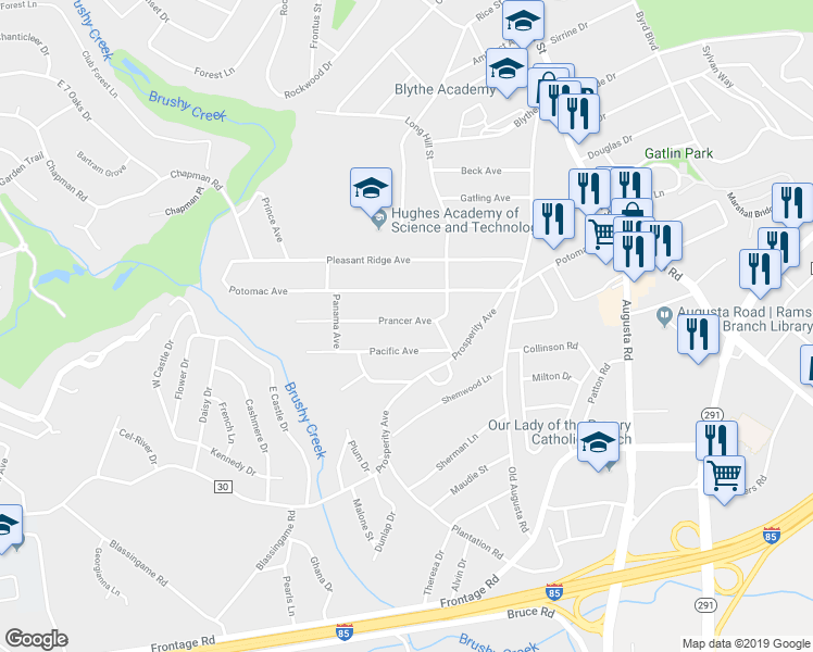 map of restaurants, bars, coffee shops, grocery stores, and more near 20 Prancer Avenue in Greenville