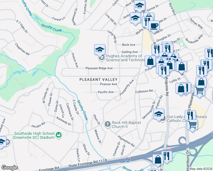 map of restaurants, bars, coffee shops, grocery stores, and more near 20 Prancer Avenue in Greenville