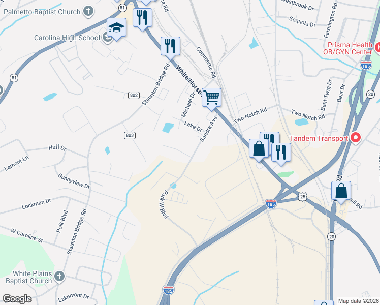 map of restaurants, bars, coffee shops, grocery stores, and more near 206 Sandra Avenue in Greenville