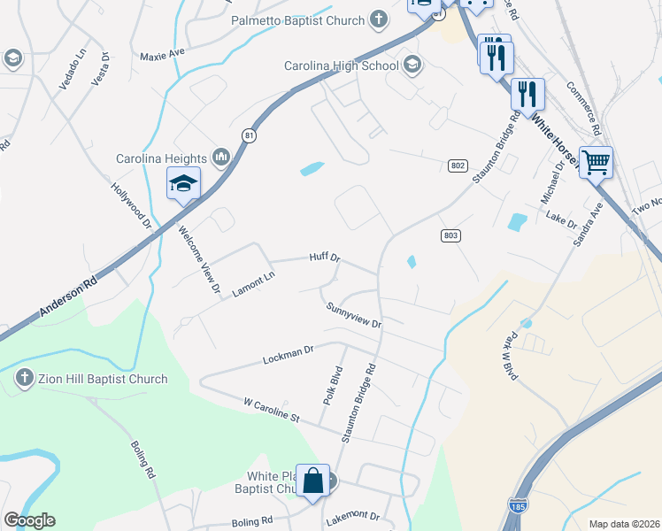 map of restaurants, bars, coffee shops, grocery stores, and more near 17 Vickilyn Court in Greenville