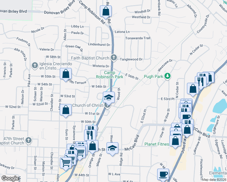 map of restaurants, bars, coffee shops, grocery stores, and more near 5315 Wood Street in North Little Rock