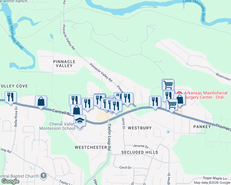 map of restaurants, bars, coffee shops, grocery stores, and more near 5522 Pinnacle Valley Road in Little Rock