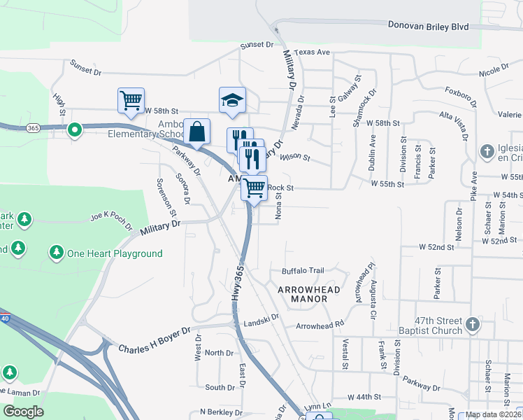 map of restaurants, bars, coffee shops, grocery stores, and more near 100 Louise Street in North Little Rock