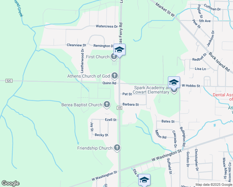 map of restaurants, bars, coffee shops, grocery stores, and more near 16909 Lucas Ferry Road in Athens