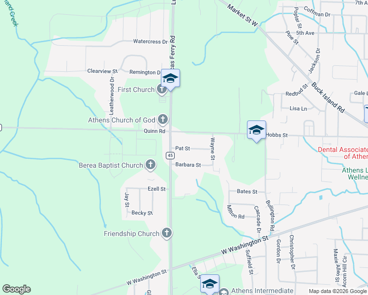 map of restaurants, bars, coffee shops, grocery stores, and more near 110 Pat Street in Athens