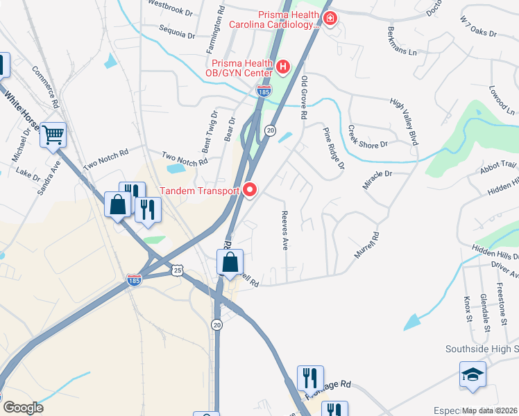 map of restaurants, bars, coffee shops, grocery stores, and more near 310 Old Grove Road in Greenville