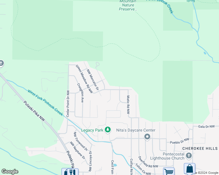 map of restaurants, bars, coffee shops, grocery stores, and more near 6408 Green Meadow Road Northwest in Huntsville